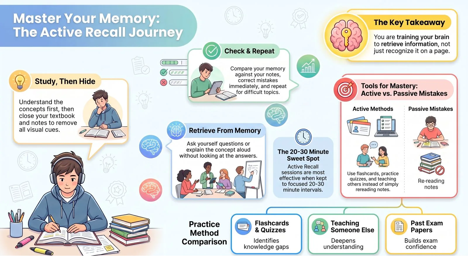 Active recall infographic: study then hide, retrieve from memory, check and repeat
