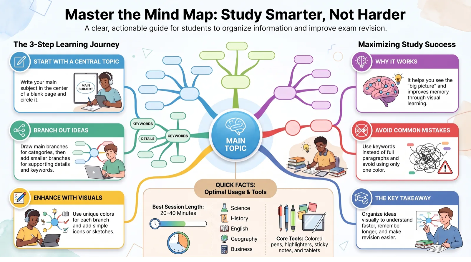 Mind map infographic: start with a central topic, branch out ideas, and enhance with visuals