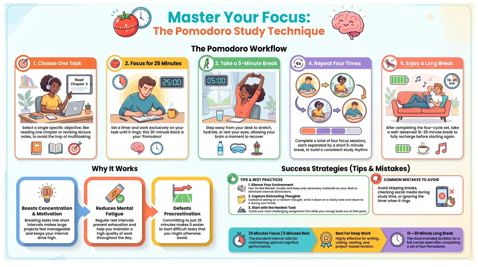 Master Your Focus: The Pomodoro Study Technique — a five-step workflow infographic